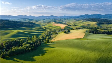 Obraz premium Lush green hills and fields stretch across the landscape, with gentle slopes under a clear blue sky, creating a serene and picturesque rural scene.
