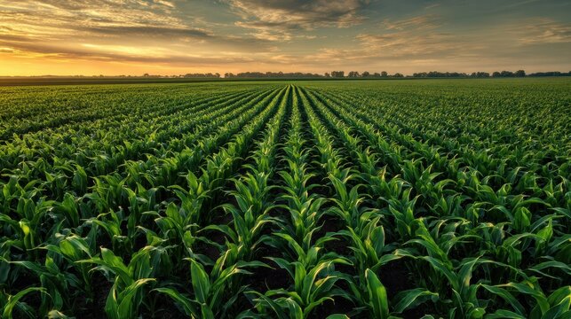 A vast cornfield stretches under a beautiful sky at sunset, showcasing rows of healthy green plants.