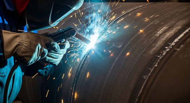 Worker Welding Metal Pipe in Industrial Workshop with Sparks and Bright Light - Powered by Adobe