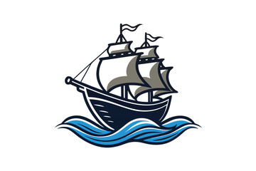 Nautical columbus ship silhouette with sea waves