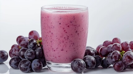 A clean composition of a big glass of grape smoothie and perfectly arranged grapes around it, isolated on a bright white surface.
