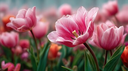 Obraz premium A close-up of vibrant pink tulips surrounded by lush green leaves, showcasing their delicate petals and natural beauty in a garden setting.