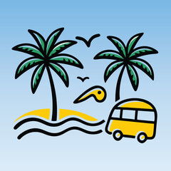 Tropical Vacation:  Hand-Drawn Yellow Van by Palm Trees, Beach Scene, Summer Vibe Illustration