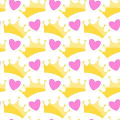 festive seamless pattern with yellow crowns and heart shapes, for birthday or festive designs.