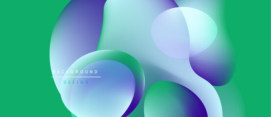 Abstract fluid shapes overlap, creating vibrant color gradients. Green background complements blue, purple hues. Modern design element.