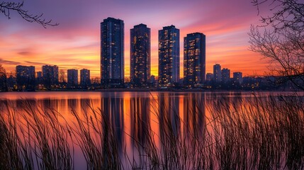 Fototapeta premium Cityscape with Tall Buildings Reflected in a Calm Lake at Sunset