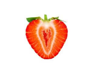 Vibrant red strawberry cut in half revealing its detailed internal structure and heartshaped core.