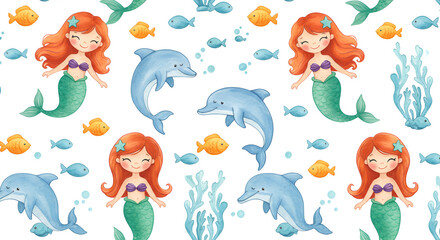 Naklejka premium Enchanting Seamless Pattern Featuring Mermaids, Dolphins, Fishes and Seaweed Watercolor