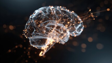 A digital visualization of a transparent brain with glowing connections, representing neural activity and cognition.