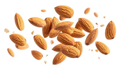 A cluster of almonds in mid-air against a white background, showing detail and texture