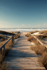 Sunlit Pathway: Stroll Along a Charming Beachside Boardwalk - An Idyllic Retreat with Serene Ocean Views, Golden Sands, and Leisurely Adventures Await