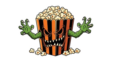 Cartoon popcorn container with monster face and green hands reaching out on a white background