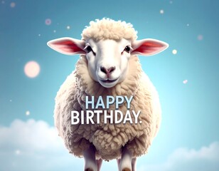 A fluffy sheep smiles sweetly against a light blue sky, wishing a happy birthday