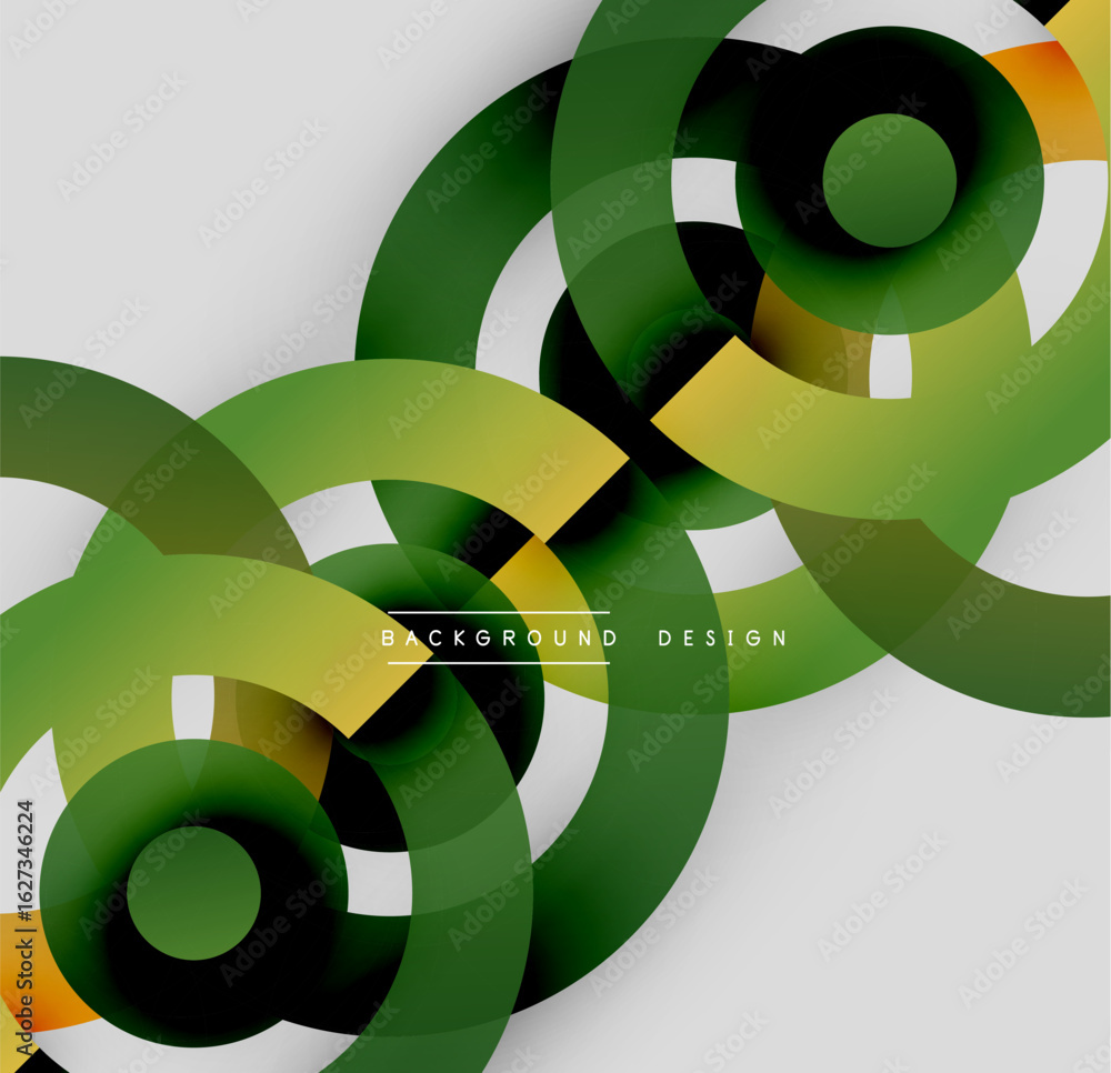 Poster abstract circles overlap, creating dynamic visual effect. green, yellow hues dominate design over wh