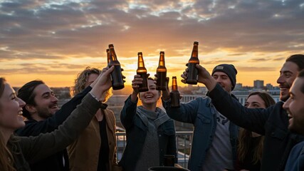 A diverse group of friends raising beer bottles in a toast on a rooftop at sunset, celebrating a happy occasion together - Powered by Adobe