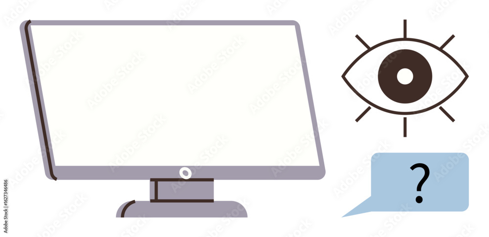 Aufkleber computer screen next to an eye graphic and speech bubble with a question mark. ideal for surveillanc
