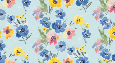 Seamless watercolor floral pattern featuring blue, yellow, and pink flowers on light background