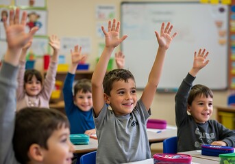 Enthusiastic Elementary Students Raising Hands in Classroom
