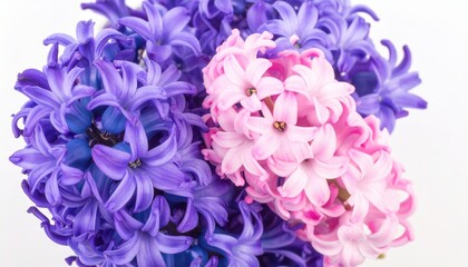 ** Close-up image of purple and pink hyacinth flowers showcasing vibrant colors and intricate petal details on a white background. **