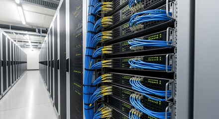 An immaculately clean data center aisle. The focus is on a perfectly organized server rack, with all network cables (blue and yellow) precisely managed using cable organizers.