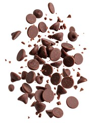 Obraz premium A cluster of dark chocolate chips floats against a white background, some broken into smaller pieces