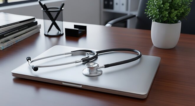 Um estetoscópio médico repousa elegantemente sobre um laptop fechado em uma mesa de consultório médico.