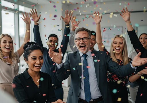 Diverse Team Celebrating Success with Confetti in Modern Office - Powered by Adobe