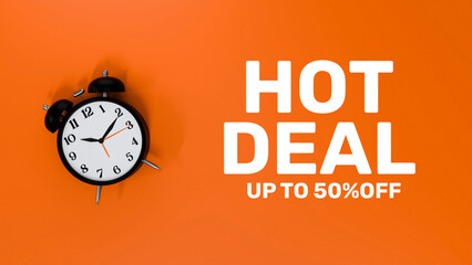 Hot Deal up to 50% Off with Alarm Clock on Orange Background — Limited Time Sale Promotion