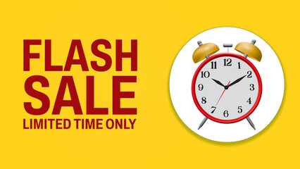 3D Flash Sale Banner with Alarm Clock Icon on Yellow Background – Limited Time Offer Promotion Design