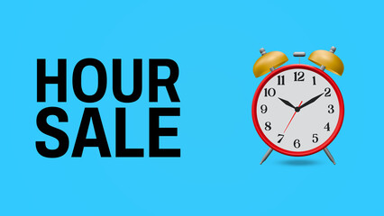 3D Hour Sale Banner with Red Alarm Clock on Blue Background – Limited Time Promotion Template