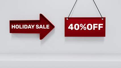 3D Holiday Sale Sign with Hanging Red Board and Arrow – 40% OFF Seasonal Offer
