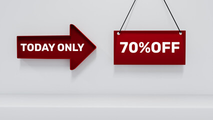 3D Promotional Banner with “Today Only” and “70% OFF” Text on Arrow and Sign
