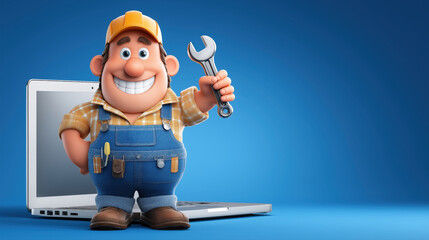 funny cartoon character happy man specialist repairman with a laptop and fixing tool in hands on blue isolated background. Banner template for service center for repairing broken electronics