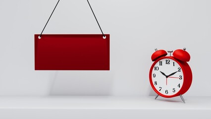 Blank Hanging Tag with Red Alarm Clock on White Background – 3D Illustration for Custom Promotions and Marketing Designs