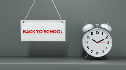 Back to School Tag with White Alarm Clock on Grey Background – 3D Illustration for Education, Supplies, and Reopening Campaigns
