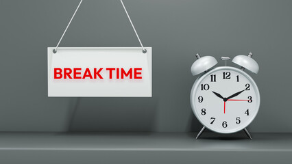 Break Time Tag with White Alarm Clock on Grey Background – 3D Illustration for Workplace Rest, Office Culture, and Time Management Concepts