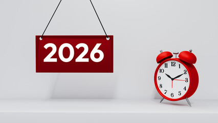 2026 New Year Countdown Concept with Red Alarm Clock and Hanging Tag on White Background – 3D Illustration