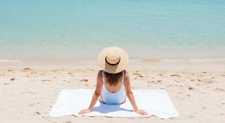 Woman Wearing Striped Swimsuit Sitting on Beach Towel Relaxing by Calm Ocean Water