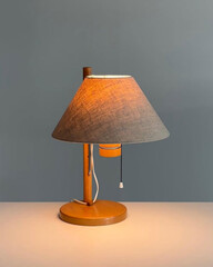 Lamp glowing softly on plain flat surface.