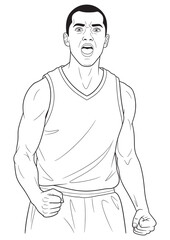 Fototapeta premium A line art illustration of a male basketball player celebrating with a fist pump and an open mouth.