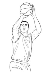 A line art illustration of a male basketball player taking a jump shot with the ball above his head.