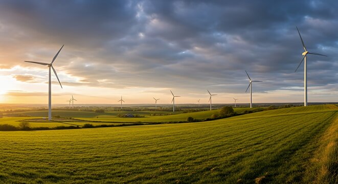 Wind Turbines in Rolling Green Countryside at Sunset