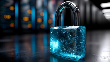 A glowing blue holographic padlock floats in the center of a dark server room. The padlock is closed and pulses with a soft light. 