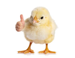 Obraz premium A fluffy yellow chick gives a thumbs-up against a white background