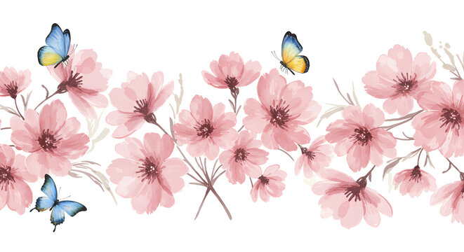 Watercolor floral border with pink flowers and butterflies adding a touch of springtime - Powered by Adobe
