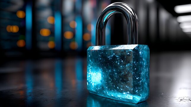 A glowing blue holographic padlock floats in the center of a dark server room. The padlock is closed and pulses with a soft light. 