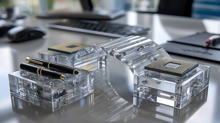 A miniature bridge made of clear acrylic connects two stacks of objects on an office desk. On one side, business objects (a luxury pen, a business card). 