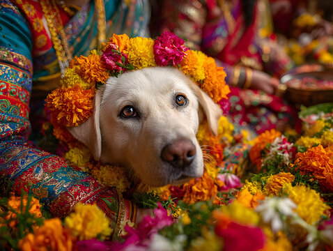 Labrador decorated with marigold garlands during Kukur Tihar dog festival, surrounded by people in traditional clothing offering sacred food
