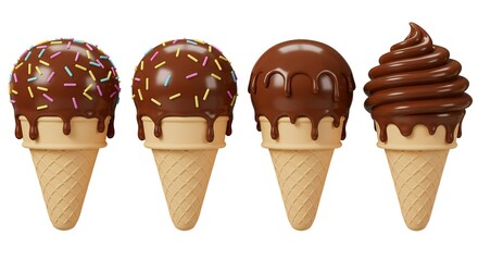 Chocolate ice cream cones with various toppings isolated on white