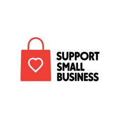 Vector art of support small business message with shopping bag and heart, isolated on white